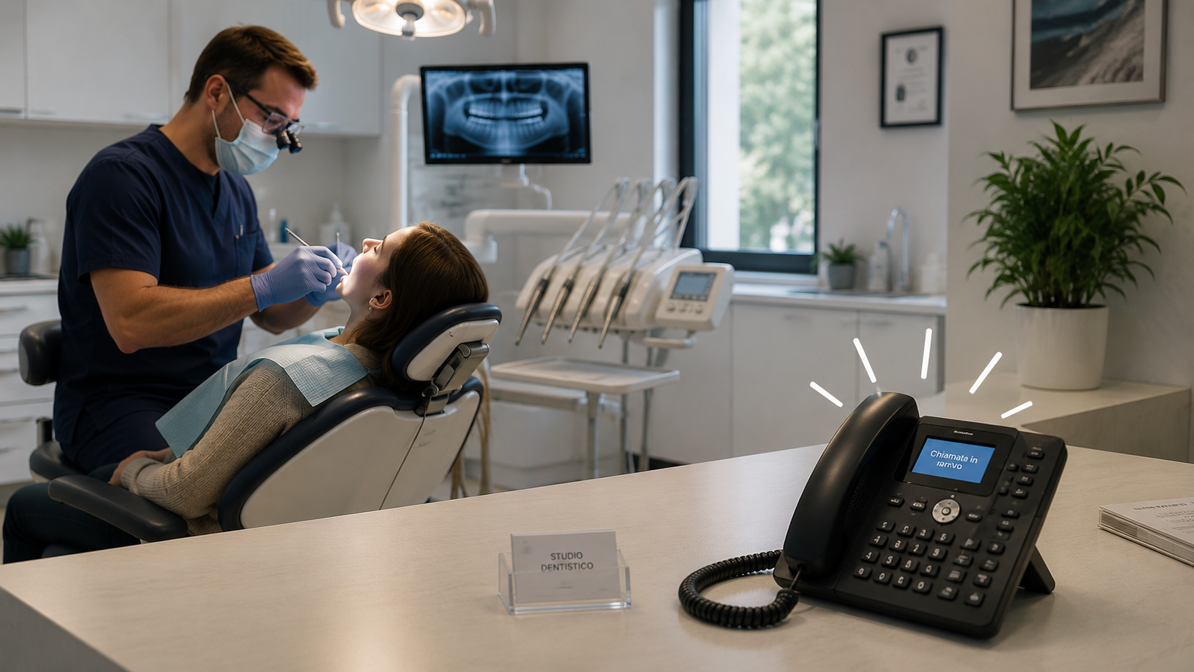 Dentista al lavoro mentre arriva una chiamata nello studio