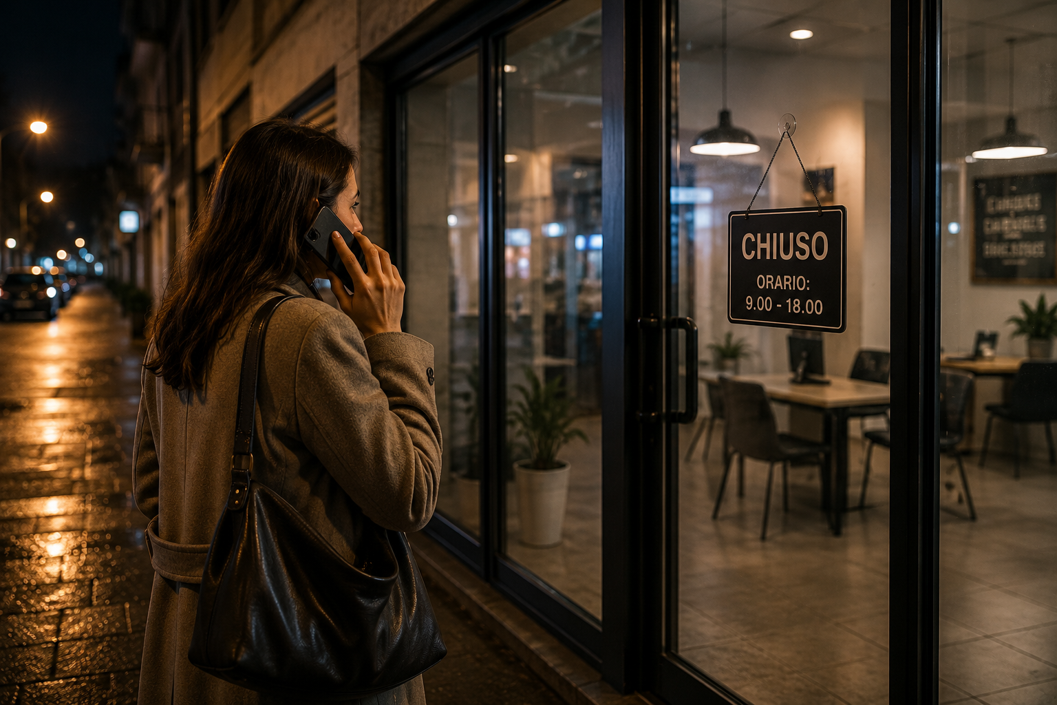 Cliente al telefono davanti a un'attività chiusa fuori orario